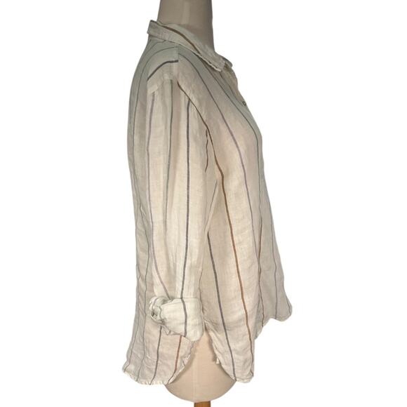 ARTISANNY 100% Linen Size Medium White Stripped Tunic 1/4 Button Down Lounge - Picture 3 of 11